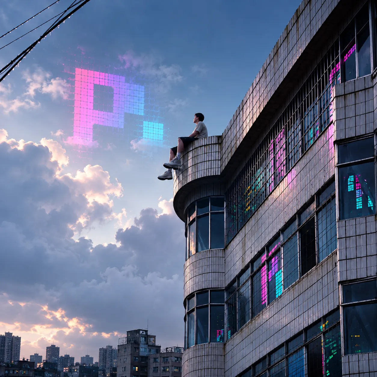 封面图片：一位坐在高楼边缘栏杆上的人，背景是城市天际线和多云的天空，画面中突出显示彩色像素块构成的"Pi"字样