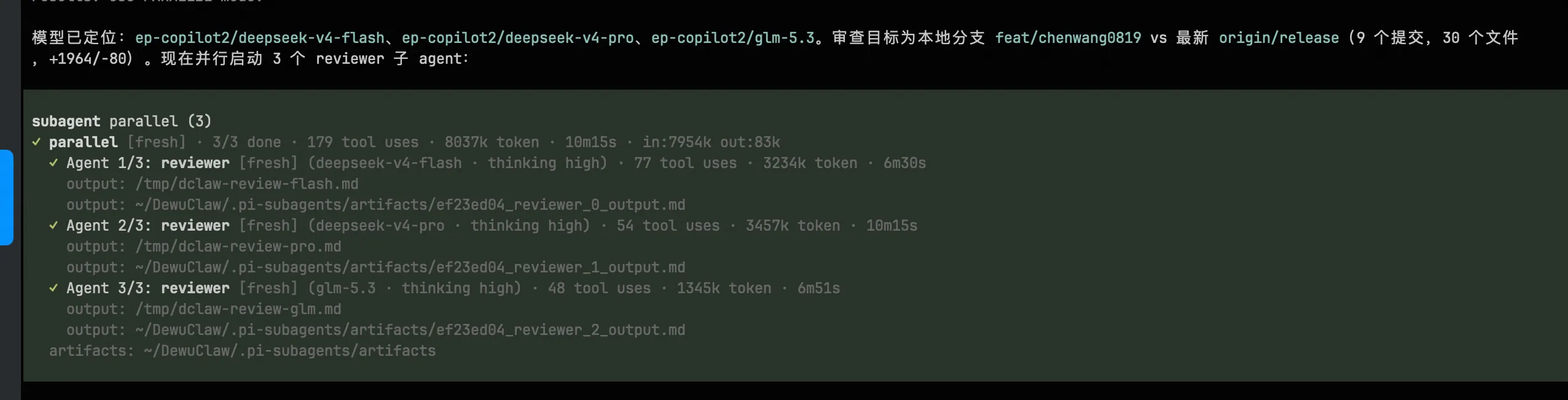 多模型交叉审查任务执行状态：deepseek-v4-flash、deepseek-v4-pro和glm-5.3并行审查本地分支feat/chenwang8819与origin/release，涉及9个提交、38个文件，3个reviewer agent分别完成于6分30秒、10分15秒、6分51秒，产物统一存放至指定制品路径